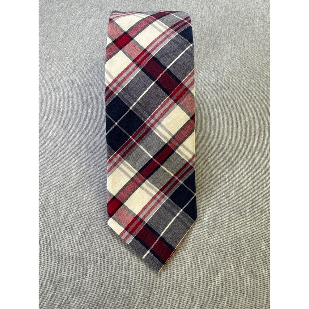 Merona Mens Plaid Necktie Navy Blue‎ Burgundy Red White 100% Cotton 044110013